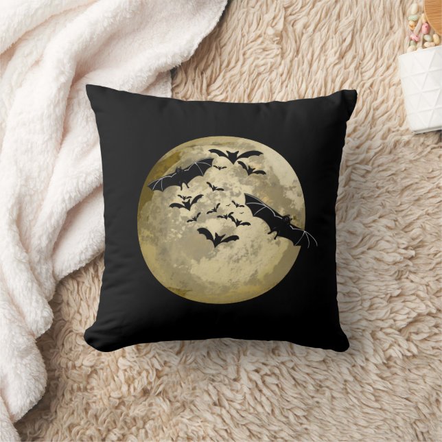 Halloween Harvest Full Moon And Night Flight Bats Throw Pillow (Blanket)