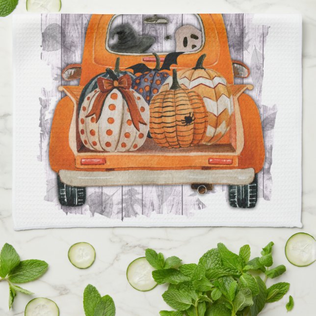 Halloween harvest orange pickup truck with pumpkin kitchen towel (Folded)