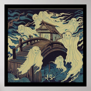 Halloween - Haunted Bridge Woodcut 4 Poster