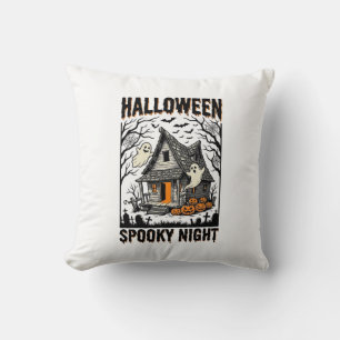 Halloween Haunted Cabin Scary Night Vintage Art Throw Pillow