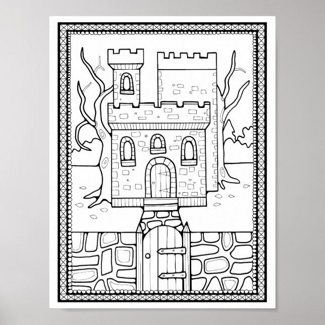 Halloween Haunted Castle Colouring Page Art Poster (Front)