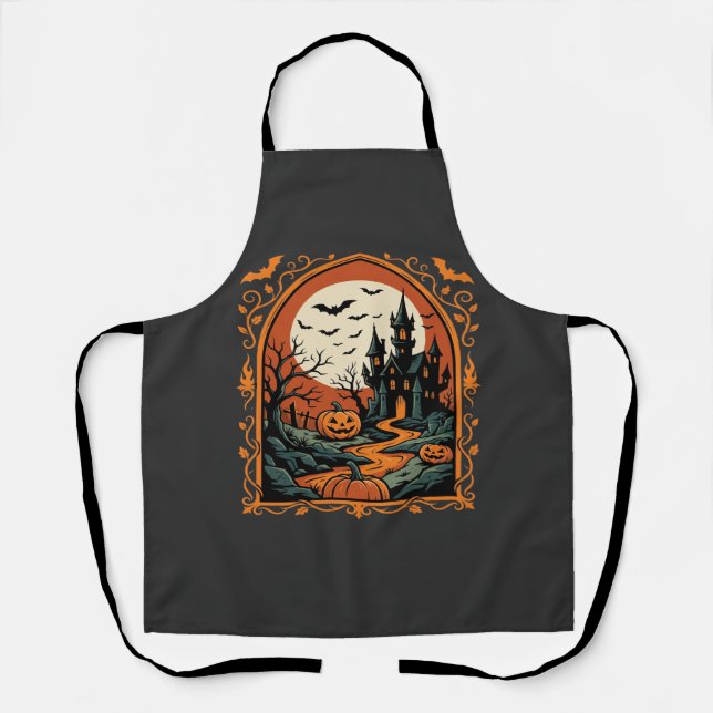 Halloween Haunted Castle Pumpkin Moon Vector Art Apron (Front)