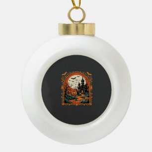 Halloween Haunted Castle Pumpkin Moon Vector Art Ceramic Ball Christmas Ornament