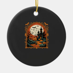 Halloween Haunted Castle Pumpkin Moon Vector Art Ceramic Ornament