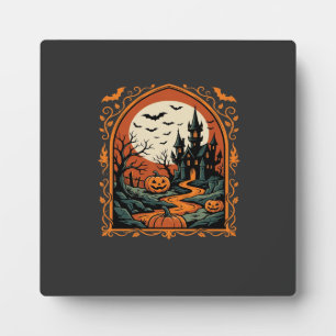 Halloween Haunted Castle Pumpkin Moon Vector Art Plaque