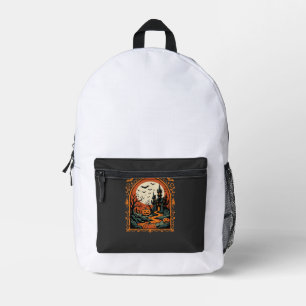Halloween Haunted Castle Pumpkin Moon Vector Art Printed Backpack