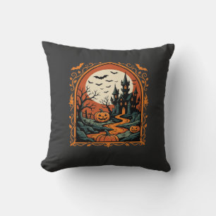 Halloween Haunted Castle Pumpkin Moon Vector Art Throw Pillow