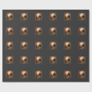 Halloween Haunted Castle Pumpkin Moon Vector Art Wrapping Paper