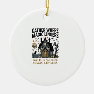 Halloween Haunted Cottage Gathering Ceramic Ornament