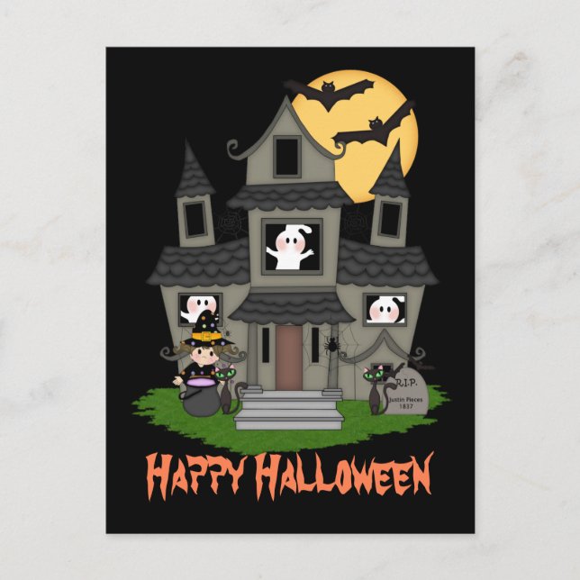 Halloween haunted house and little witch black postcard (Front)