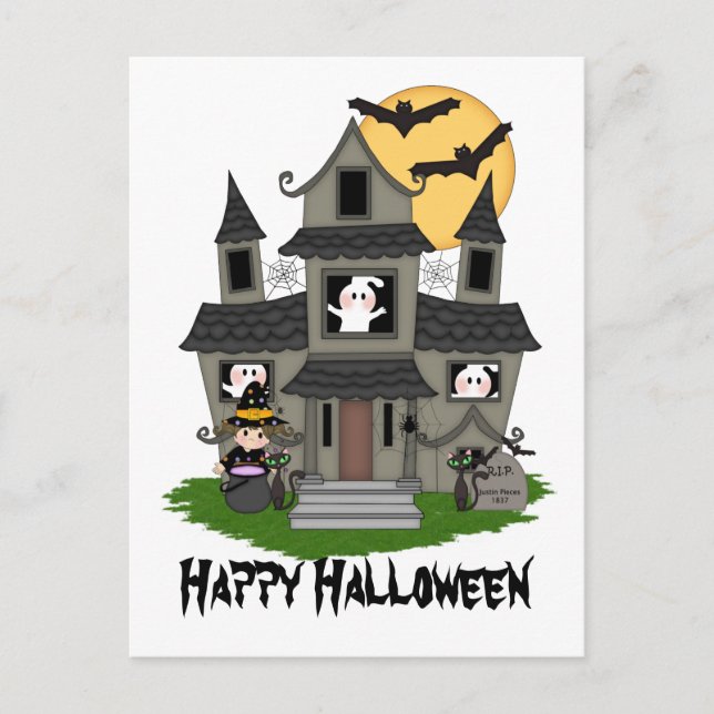 Halloween haunted house and little witch white postcard (Front)