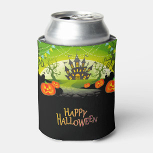 Halloween Haunted House and Pumpkins Can Cooler