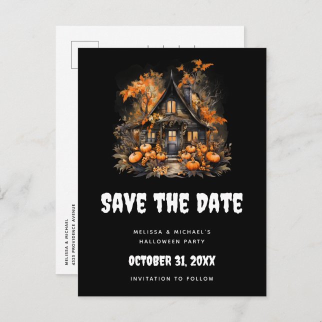 Halloween Haunted House and Pumpkins Save the Date Invitation Postcard (Front/Back)