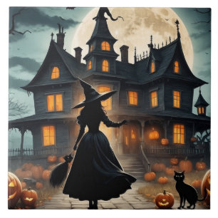 Halloween Haunted House and Witch  Tile