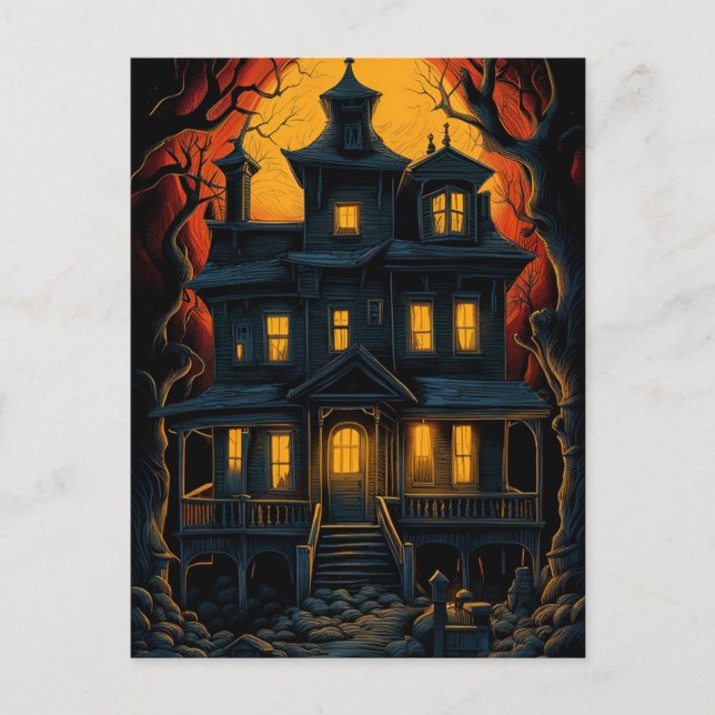 Halloween Haunted House at Night Postcards (Front)