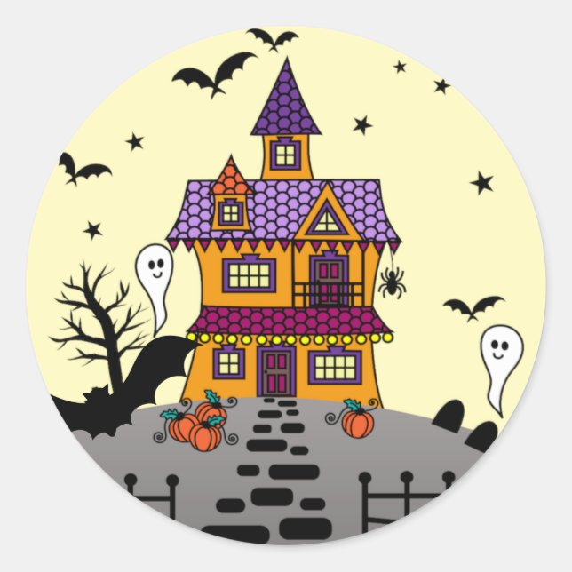 Halloween Haunted House Black Bat Full Moon Ghost Classic Round Sticker (Front)