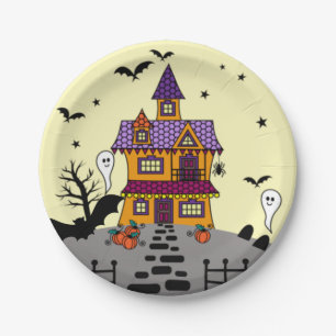 Halloween Haunted House Black Bat Full Moon Ghost Paper Plate