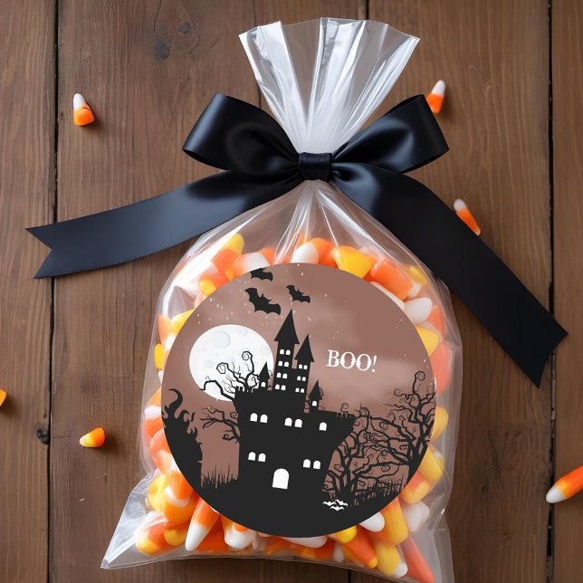 Halloween Haunted House Classic Round Sticker (BOO! Happy Halloween Haunted Castle Stickers)