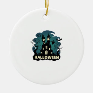Halloween Haunted House Clock Tower Bats Ghost_1 Ceramic Ornament