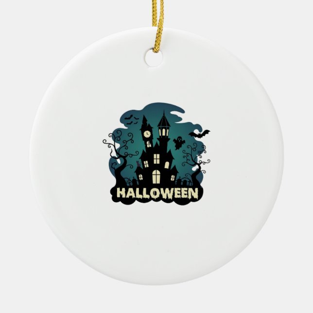 Halloween Haunted House Clock Tower Bats Ghost_1 Ceramic Ornament (Front)