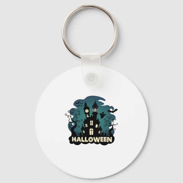 Halloween Haunted House Clock Tower Bats Ghost_1 Keychain (Front)