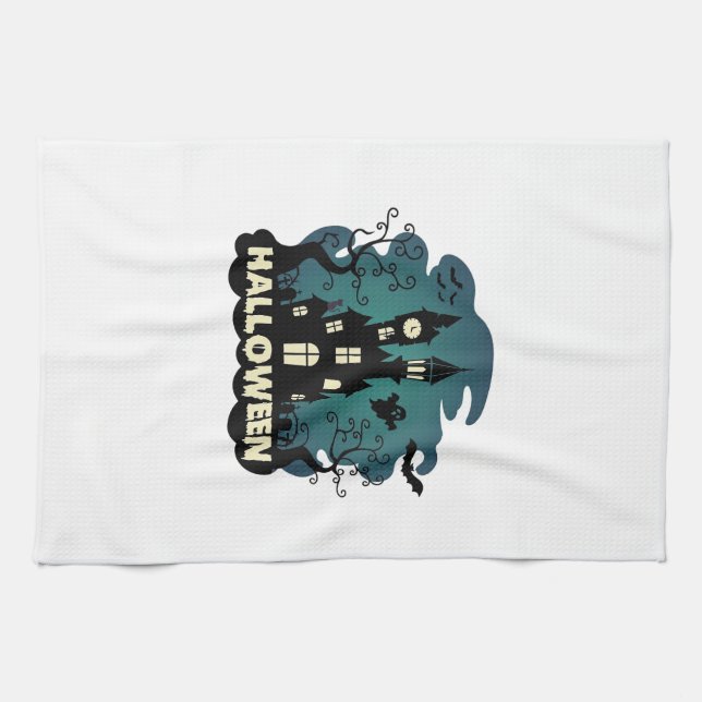 Halloween Haunted House Clock Tower Bats Ghost_1 Kitchen Towel (Horizontal)