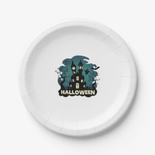 Halloween Haunted House Clock Tower Bats Ghost_1 Paper Plate