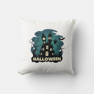 Halloween Haunted House Clock Tower Bats Ghost_1 Throw Pillow
