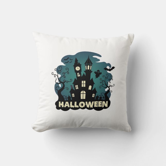 Halloween Haunted House Clock Tower Bats Ghost_1 Throw Pillow (Front)