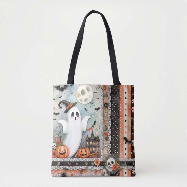 Halloween Haunted House Ghost Pumpkin Bats Tote Bag (Front)