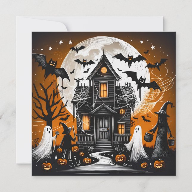 Halloween haunted house holiday card (Front)