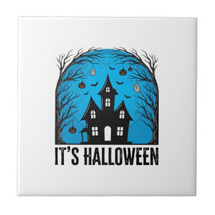 Halloween Haunted House Moon Vintage Engraving Des Tile