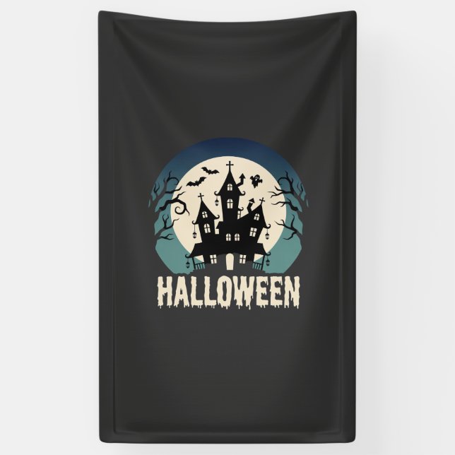 Halloween Haunted House Moonlight Vector Banner (Vertical)