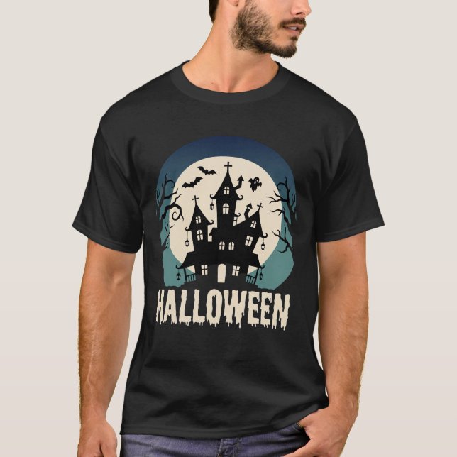 Halloween Haunted House Moonlight Vector T-Shirt (Front)