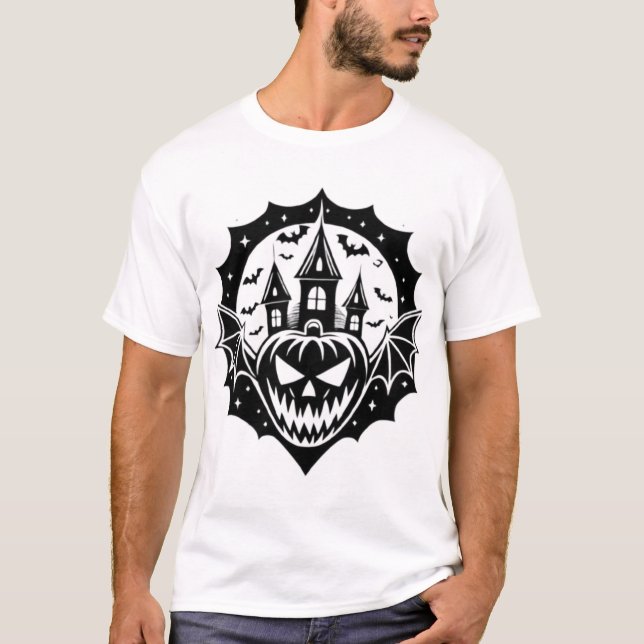 Halloween Haunted House Pumpkin Bats T-Shirt (Front)