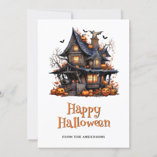 Halloween Haunted House Pumpkins Bats Ghost Holiday Card