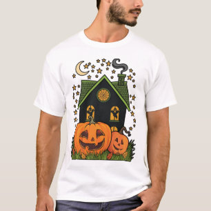 Halloween Haunted House Pumpkins Ghosts Moon Stars T-Shirt
