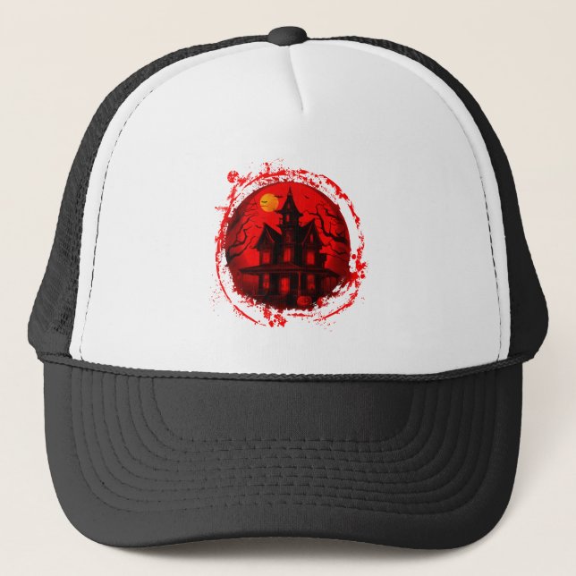 HALLOWEEN HAUNTED HOUSE RED BLACK SILHOUETTE TRUCKER HAT (Front)