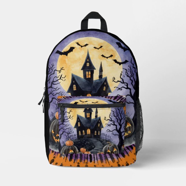 Halloween,Haunted House, Scary Pumpkins,Bats Printed Backpack (Front)