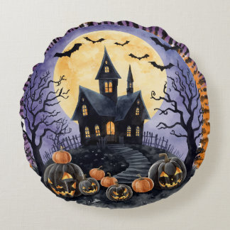Halloween,Haunted House, Scary Pumpkins,Bats Round Pillow