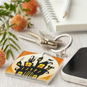 Halloween Haunted House Silhouette Full Moon Keychain