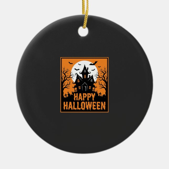 Halloween Haunted House Silhouette Vector Design_1 Ceramic Ornament (Front)