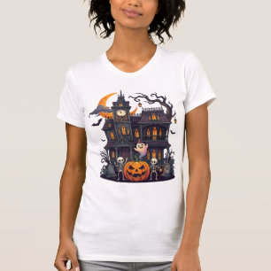 Halloween Haunted House Skeletons Pumpkin Ghost Cr T-Shirt