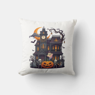 Halloween Haunted House Skeletons Pumpkin Ghost Cr Throw Pillow