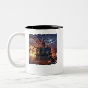 Halloween Haunted House with Cat! Two-Tone Coffee Mug
