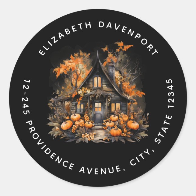 Halloween Haunted House with Pumpkins Address Classic Round Sticker (Front)