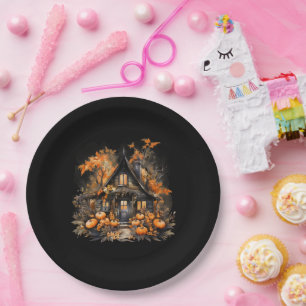 Halloween Haunted House with Pumpkins Black Paper Plate