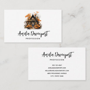 Halloween Haunted House with Pumpkins & Foliage Business Card