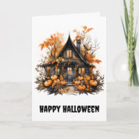Halloween Haunted House with Pumpkins & Foliage