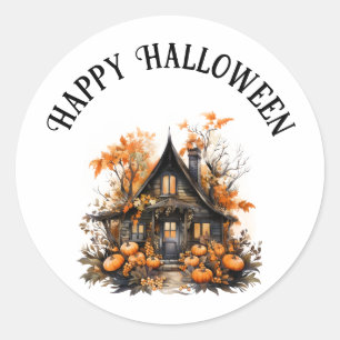 Halloween Haunted House with Pumpkins & Foliage Classic Round Sticker